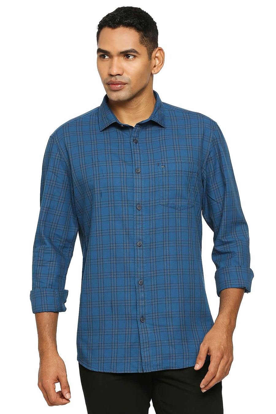 BASICS SLIM FIT POSEIDON BLUE COTTON TWILL CHECKS SHIRT