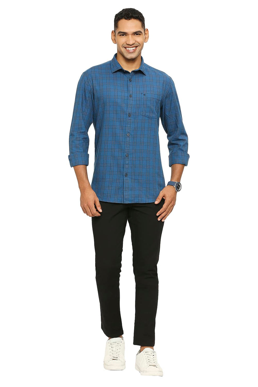 BASICS SLIM FIT POSEIDON BLUE COTTON TWILL CHECKS SHIRT