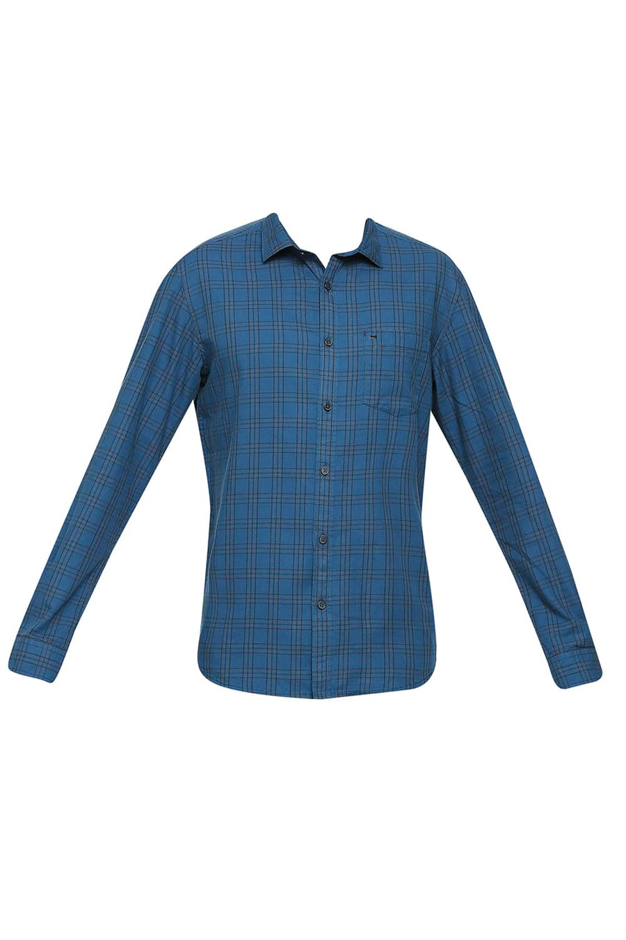 BASICS SLIM FIT POSEIDON BLUE COTTON TWILL CHECKS SHIRT