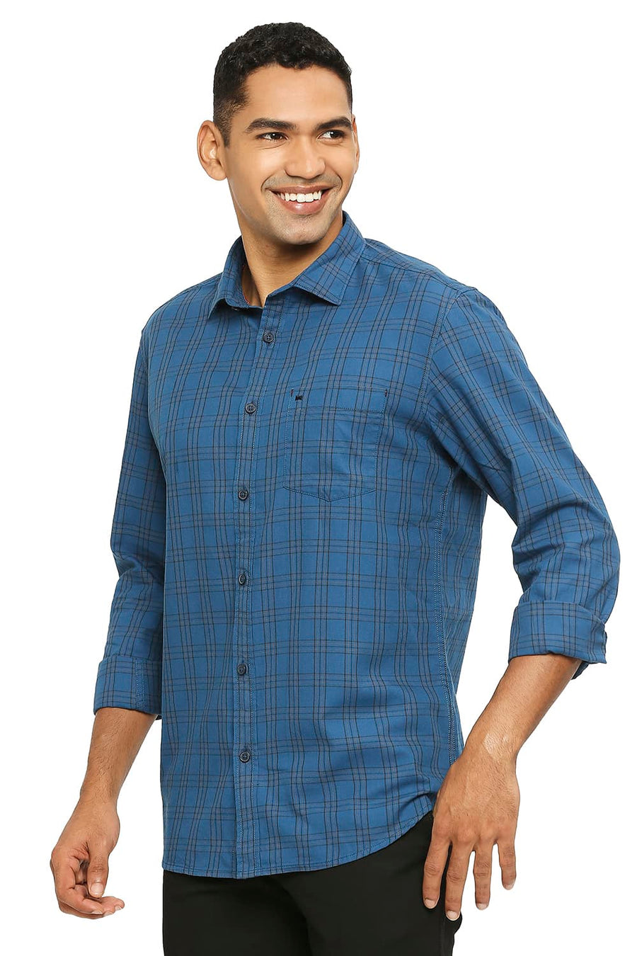 BASICS SLIM FIT POSEIDON BLUE COTTON TWILL CHECKS SHIRT