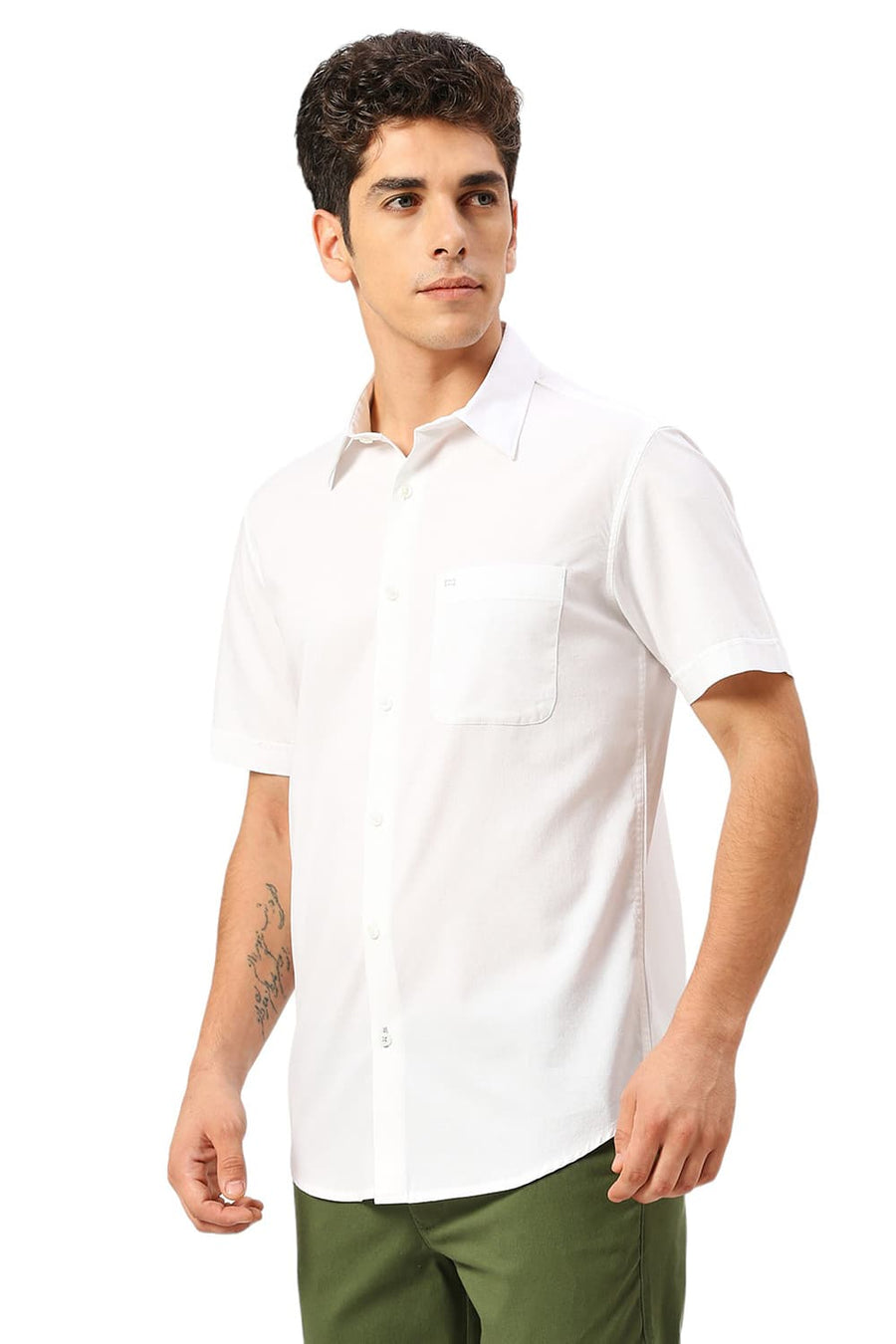 BASICS SLIM FIT LUCENT WHITE COTTON CREPE HALFSLEEVES SHIRTS