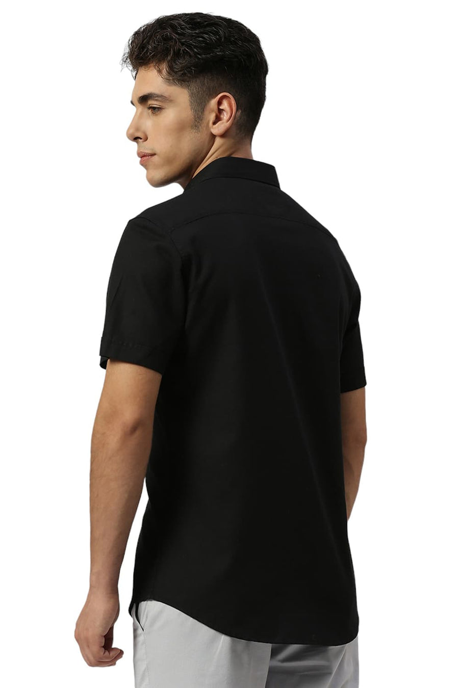 BASICS SLIM FIT CHARCOAL BLACK COTTON CREPE HALFSLEEVES SHIRTS