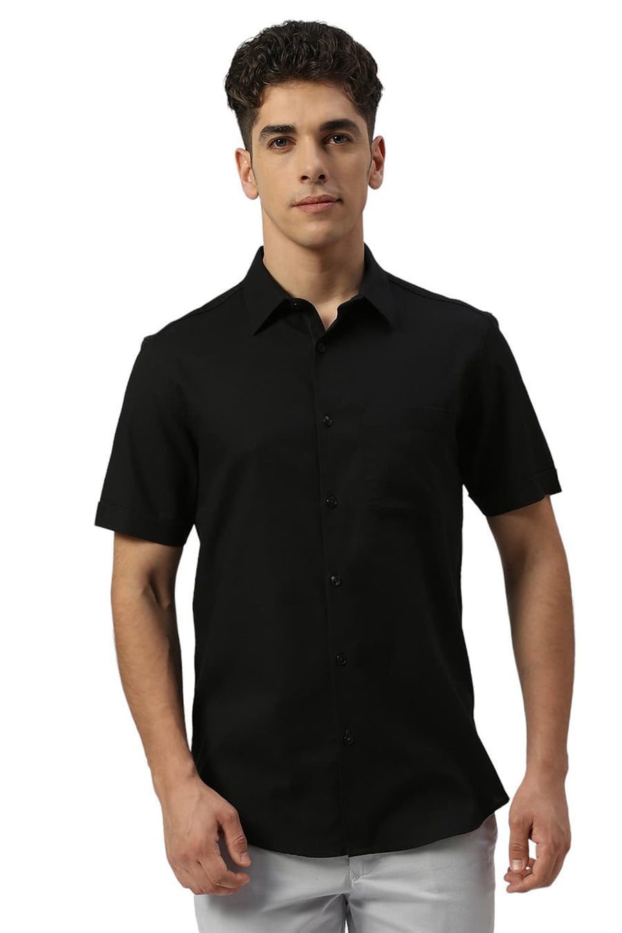 BASICS SLIM FIT CHARCOAL BLACK COTTON CREPE HALFSLEEVES SHIRTS