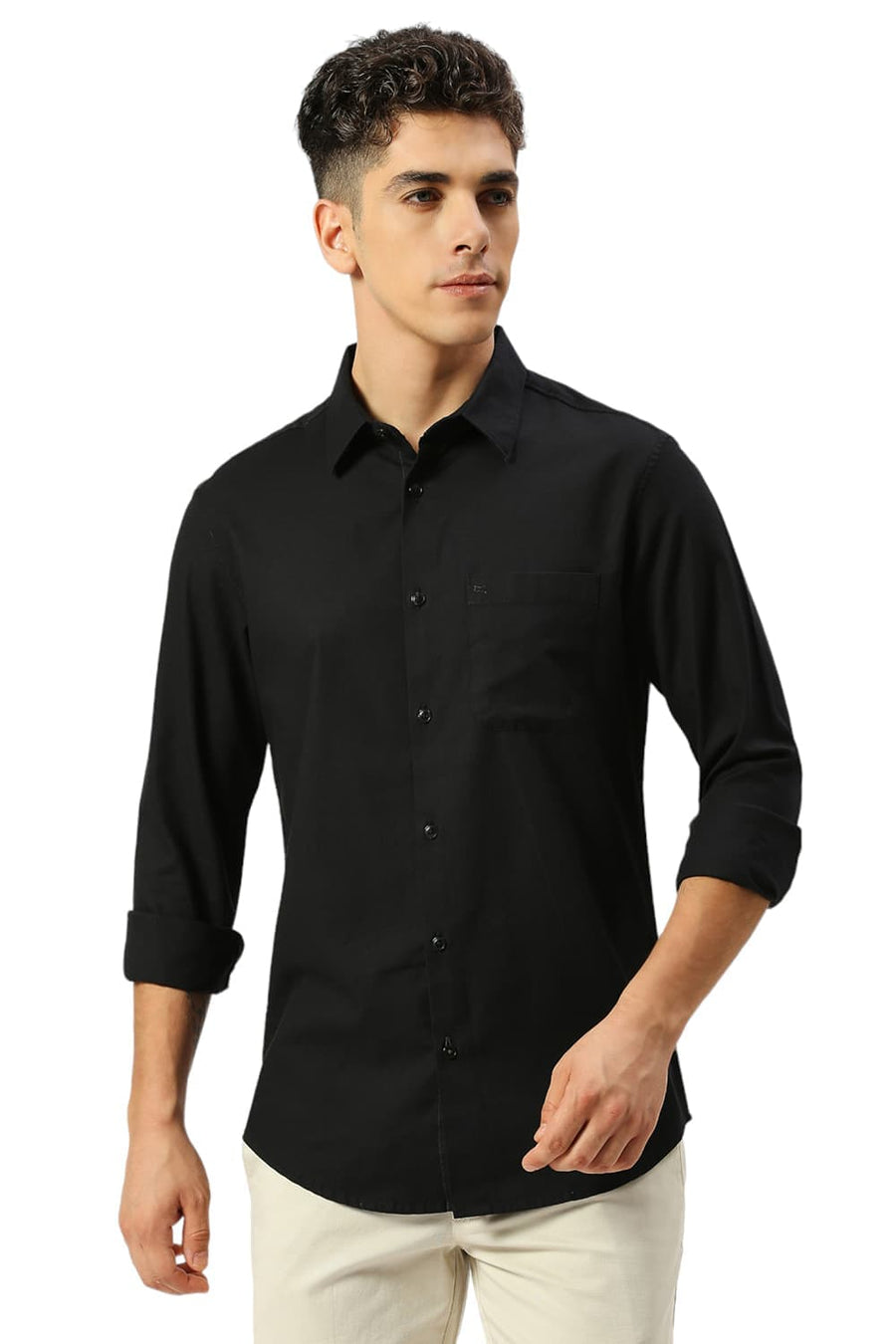 BASICS SLIM FIT CHARCOAL BLACK COTTON CREPE SHIRTS