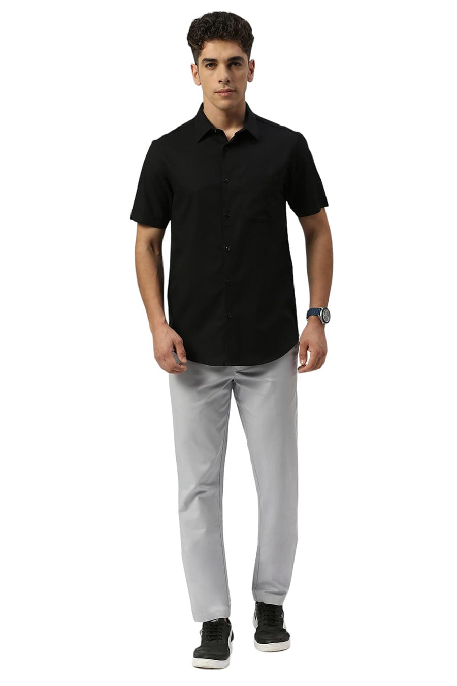 BASICS SLIM FIT CHARCOAL BLACK COTTON CREPE HALFSLEEVES SHIRTS