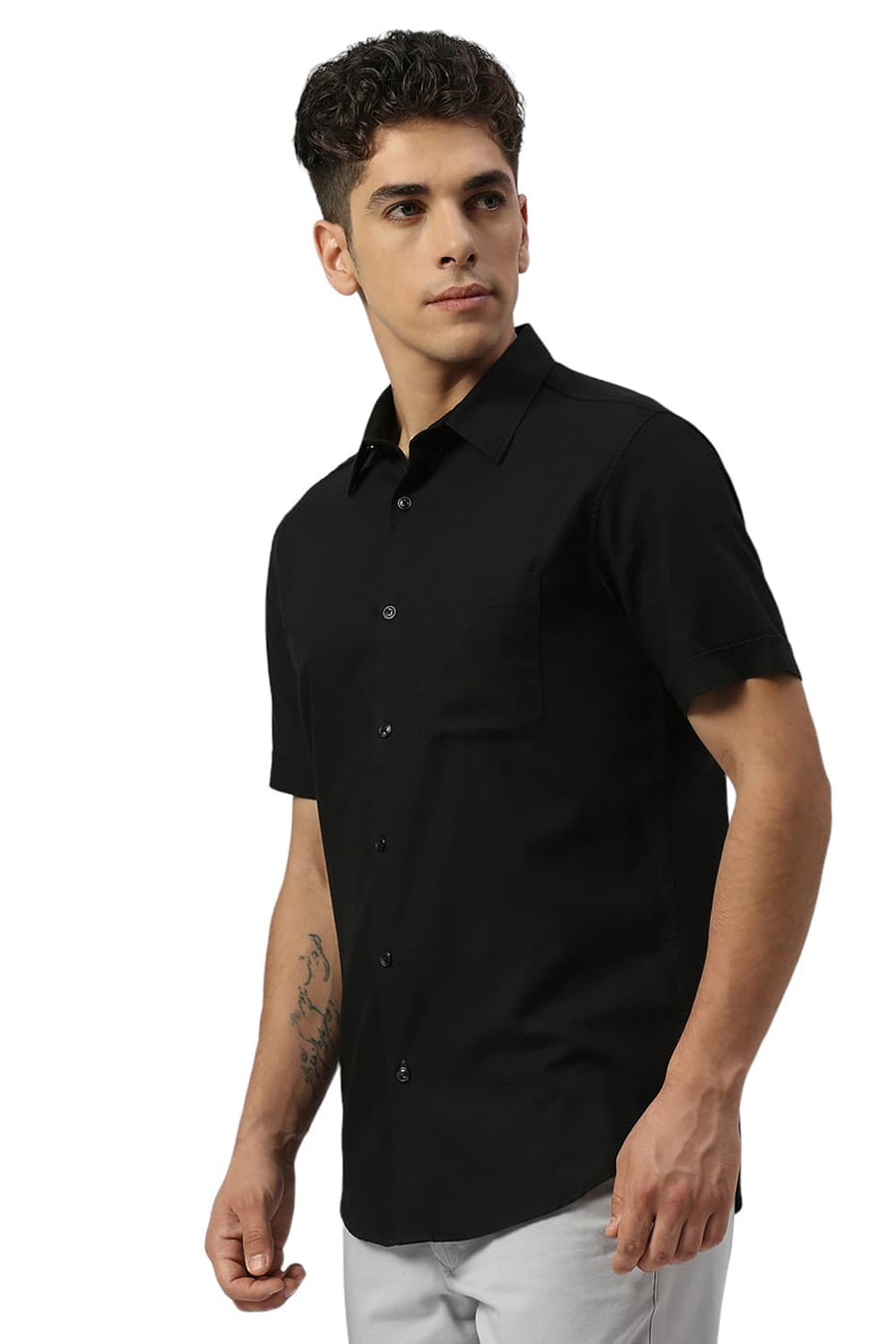 BASICS SLIM FIT CHARCOAL BLACK COTTON CREPE HALFSLEEVES SHIRTS