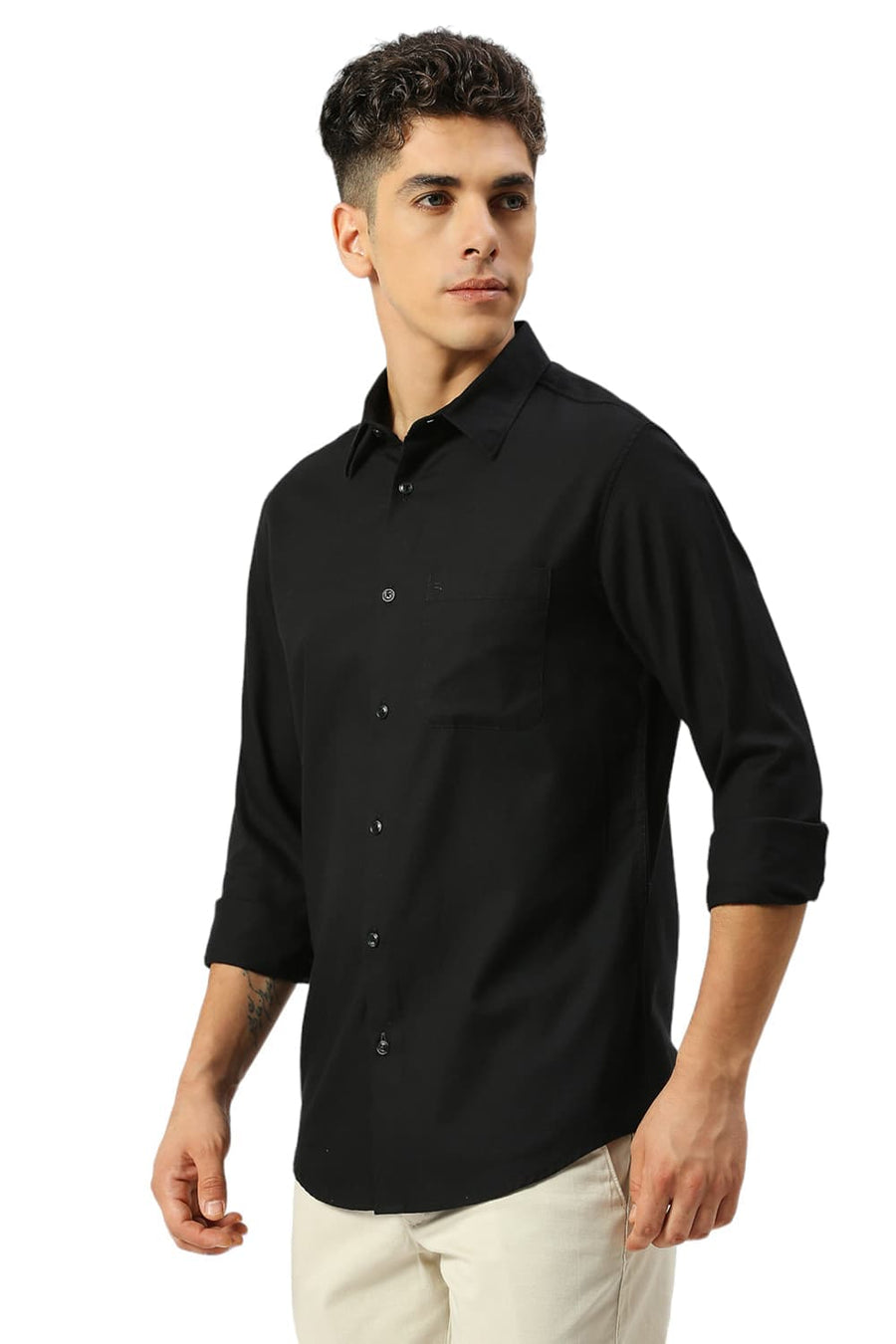 BASICS SLIM FIT CHARCOAL BLACK COTTON CREPE SHIRTS