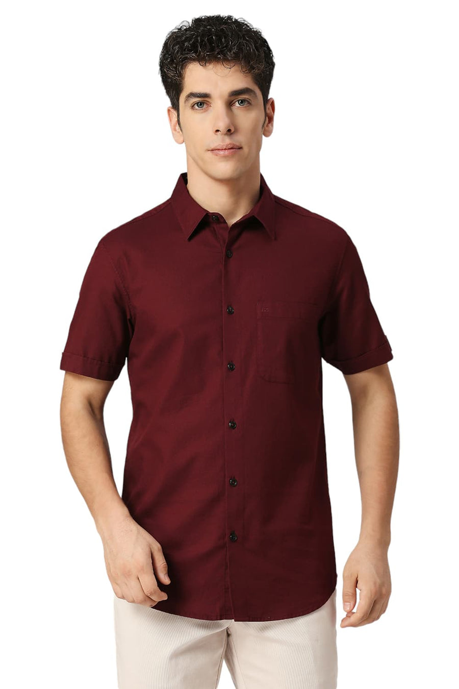 BASICS SLIM FIT TIBETAN RED COTTON CREPE HALFSLEEVES SHIRTS