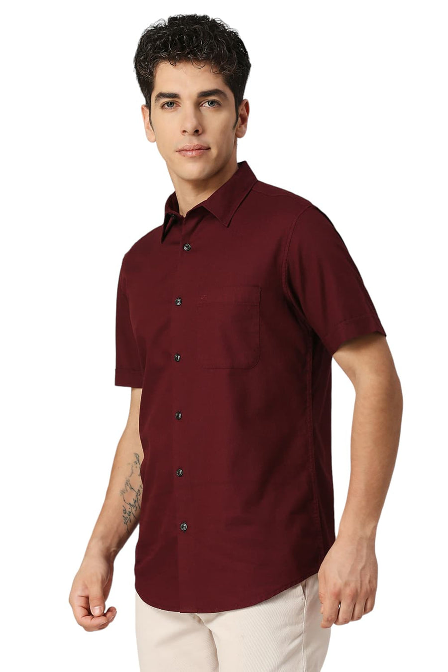 BASICS SLIM FIT TIBETAN RED COTTON CREPE HALFSLEEVES SHIRTS
