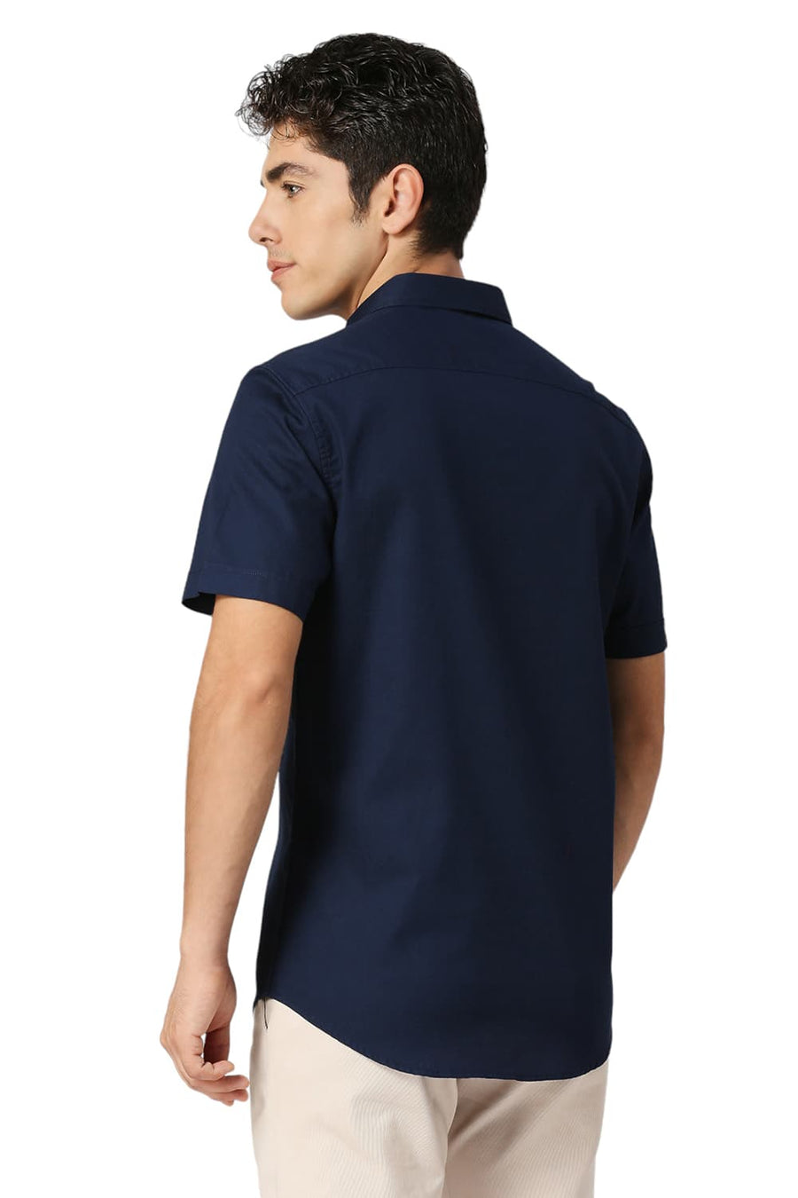 BASICS SLIM FIT SEAPORT NAVY COTTON CREPE HALFSLEEVES SHIRTS