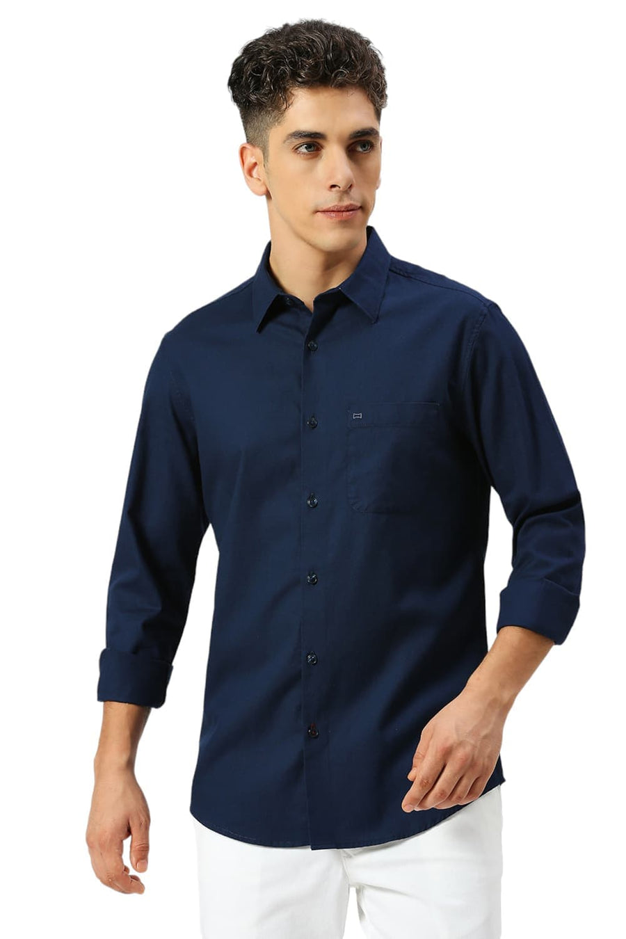 BASICS SLIM FIT SEAPORT NAVY COTTON CREPE SHIRTS