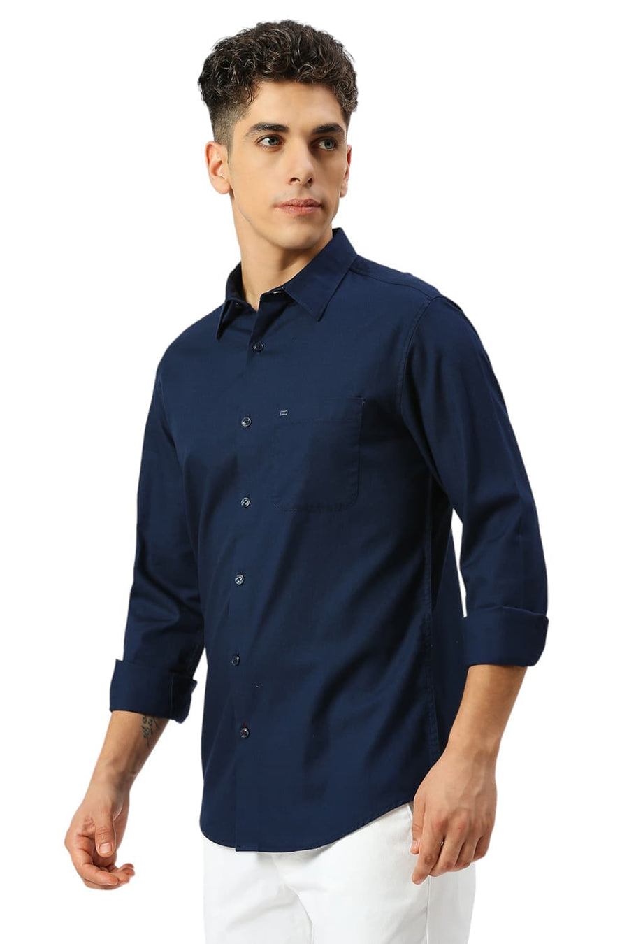 BASICS SLIM FIT SEAPORT NAVY COTTON CREPE SHIRTS