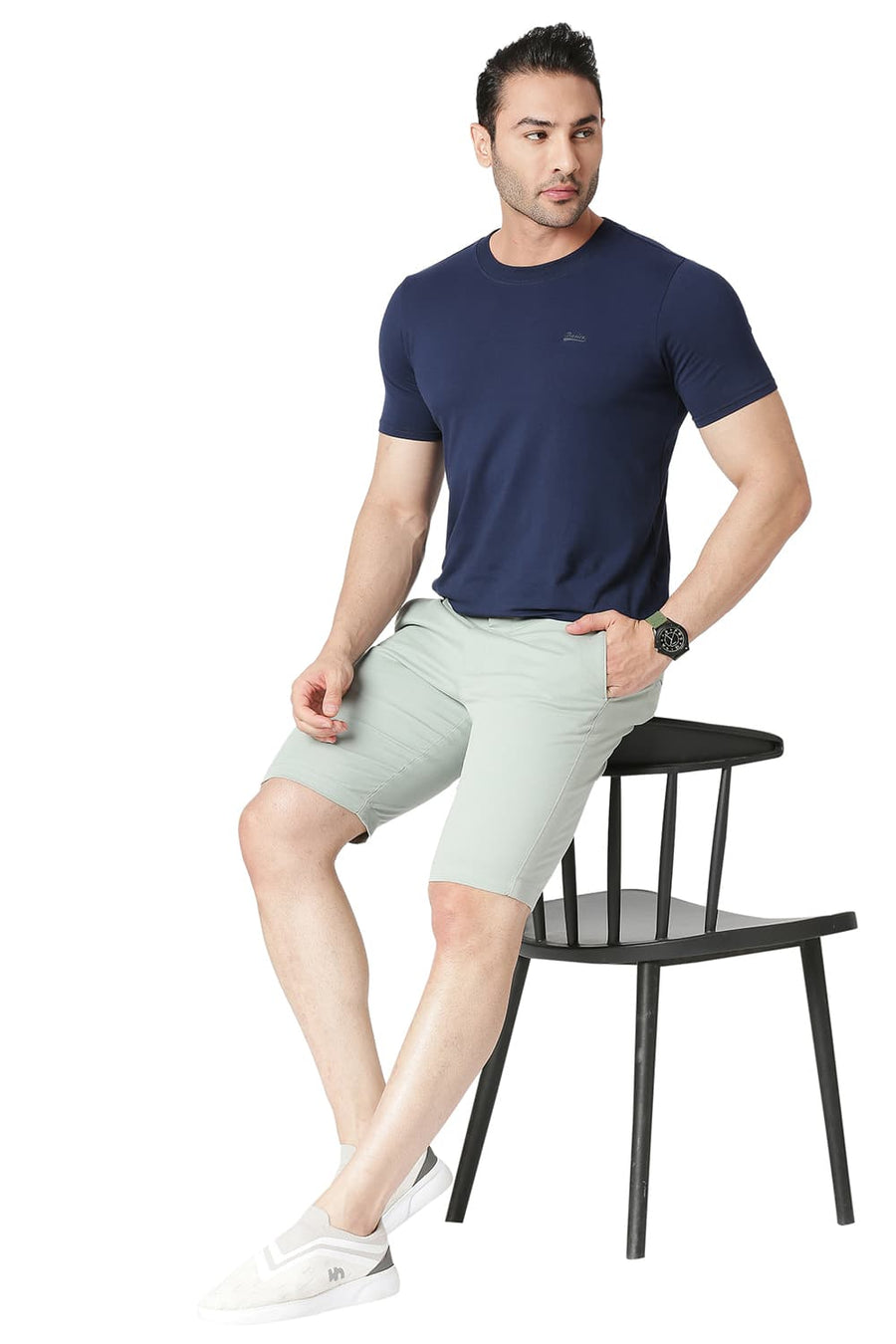 BASICS REGULAR FIT HARBOR GREEN COTTON STRETCH SHORTS