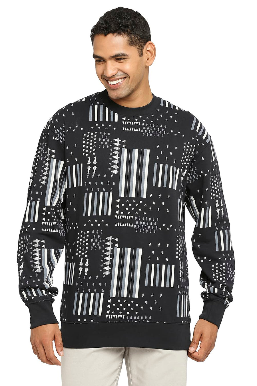 BASICS COMFORT FIT BLACK BEAUTY COTTON NON BRUSHED FLEECE PRINTED PULLOVER SWEATSHIRT