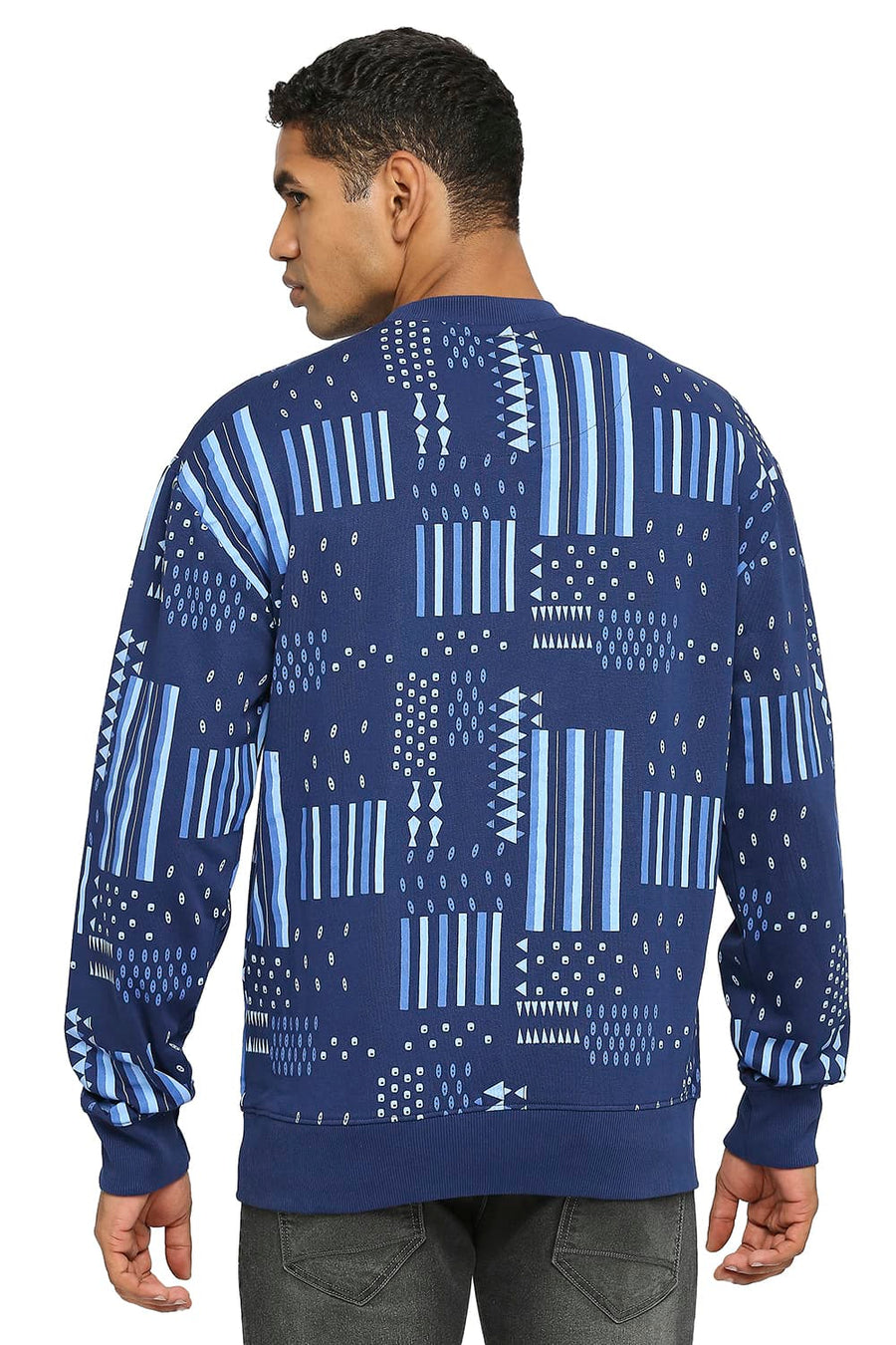 BASICS COMFORT FIT MIDNIGHT SAIL COTTON NON BRUSHED FLEECE PRINTED PULLOVER SWEATSHIRT