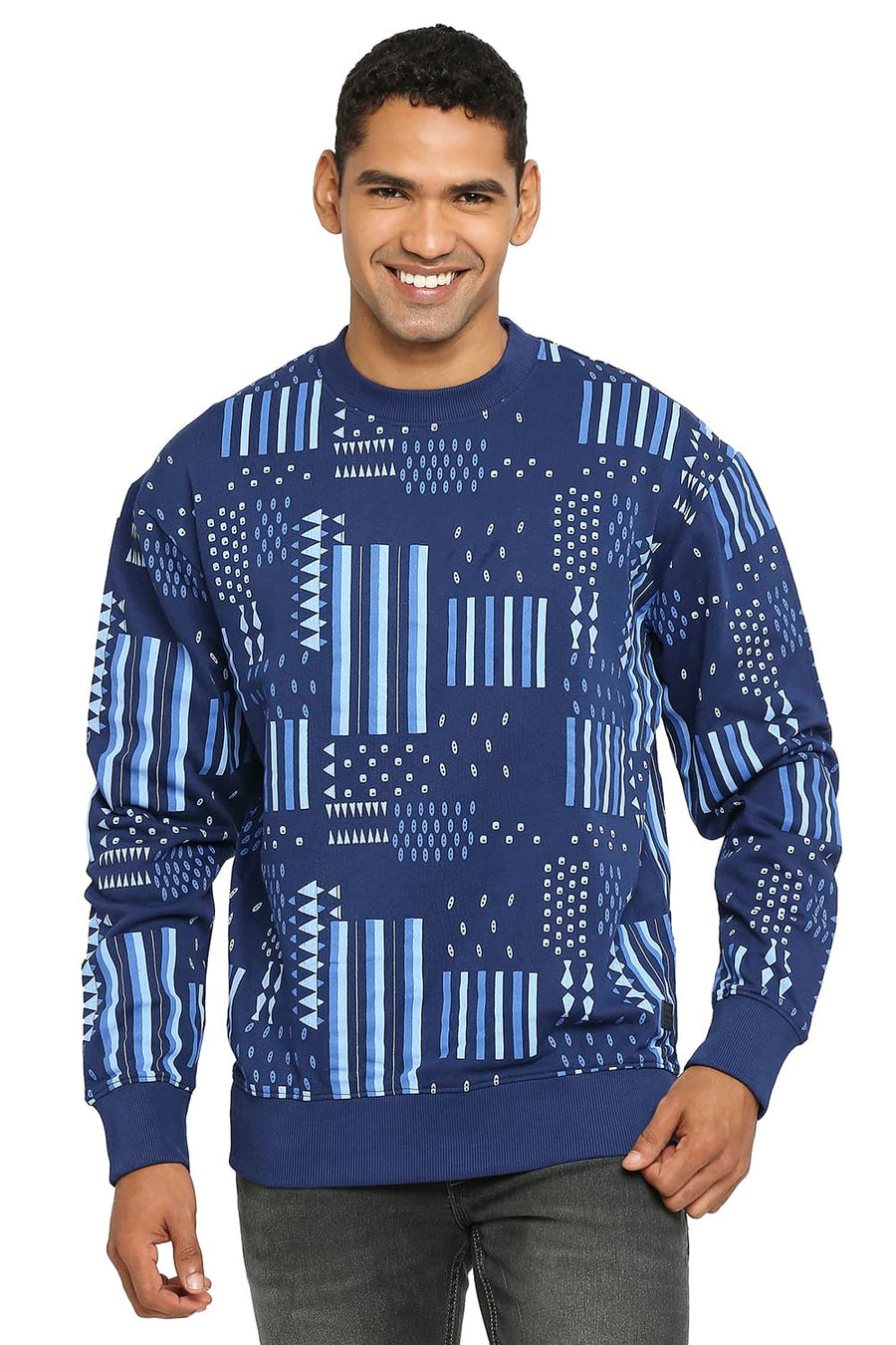 BASICS COMFORT FIT MIDNIGHT SAIL COTTON NON BRUSHED FLEECE PRINTED PULLOVER SWEATSHIRT