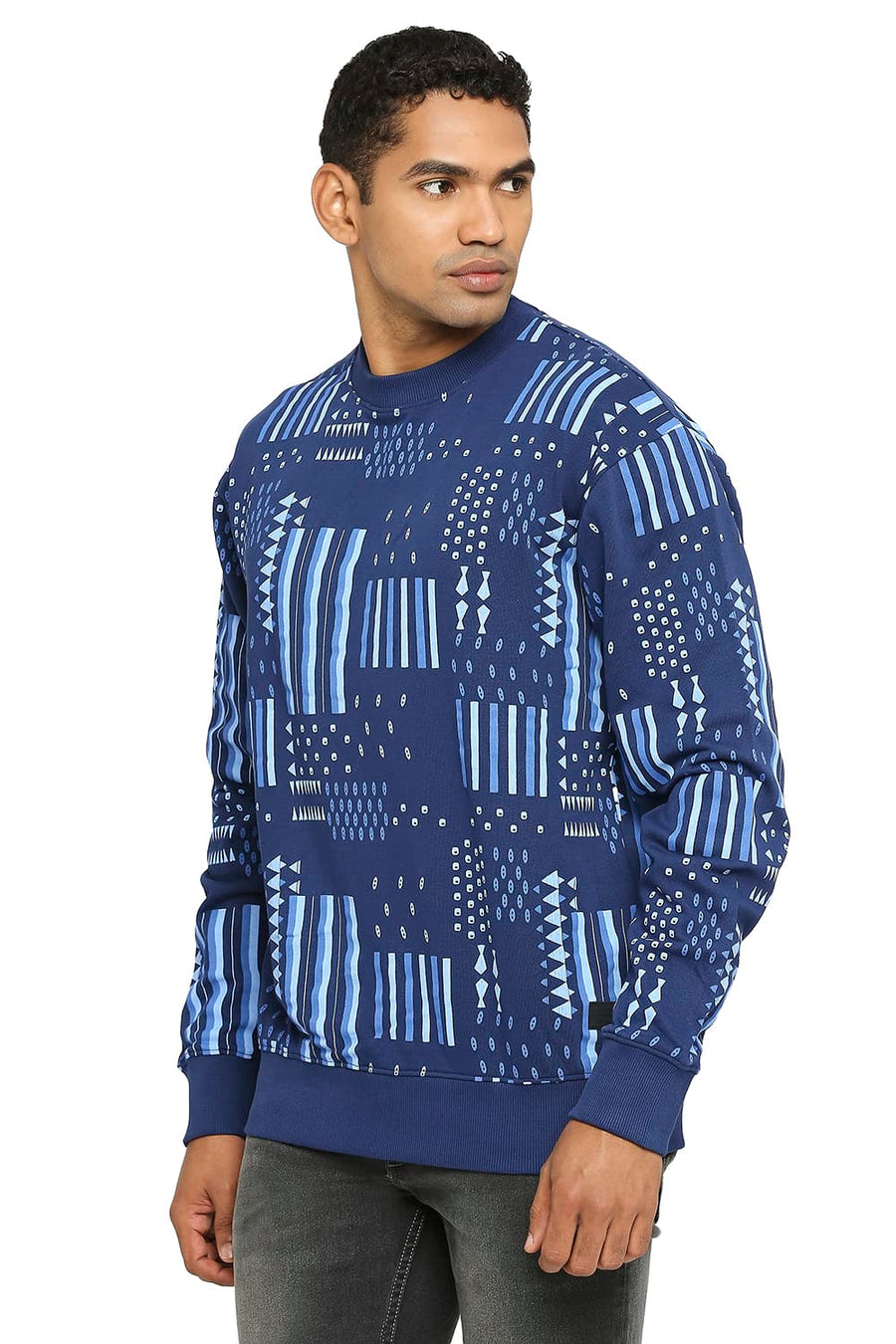 BASICS COMFORT FIT MIDNIGHT SAIL COTTON NON BRUSHED FLEECE PRINTED PULLOVER SWEATSHIRT