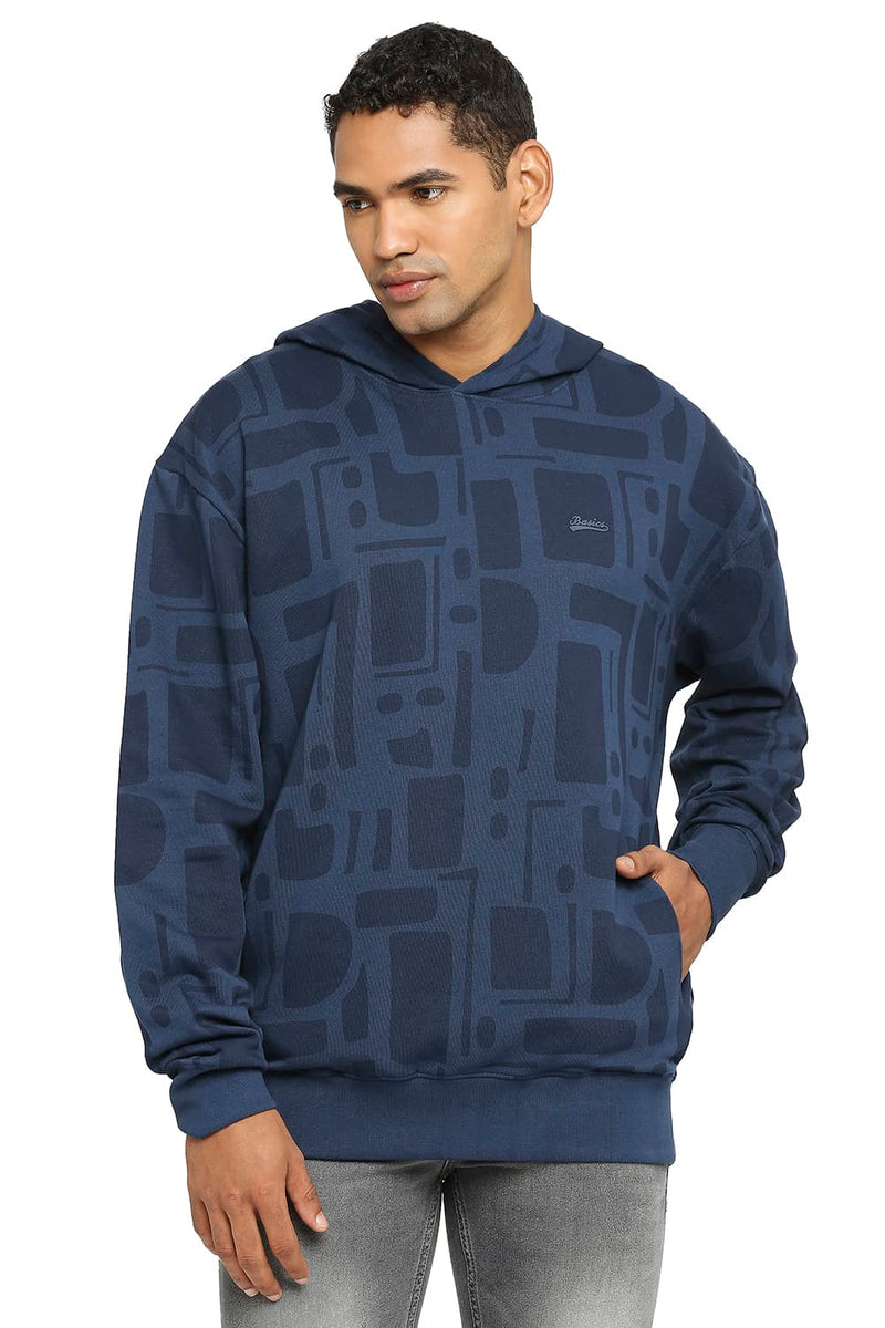 BASICS COMFORT FIT COTTON NON BRUSHED FLEECE PRINTED HOOD PULLOVER SWEATSHIRT