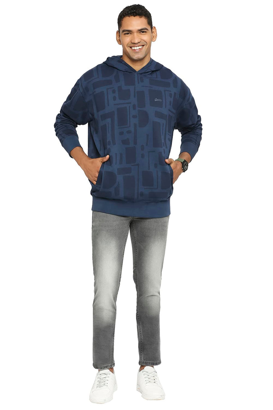 BASICS COMFORT FIT MOONLIT OCEAN COTTON NON BRUSHED FLEECE PRINTED HOOD PULLOVER SWEATSHIRT