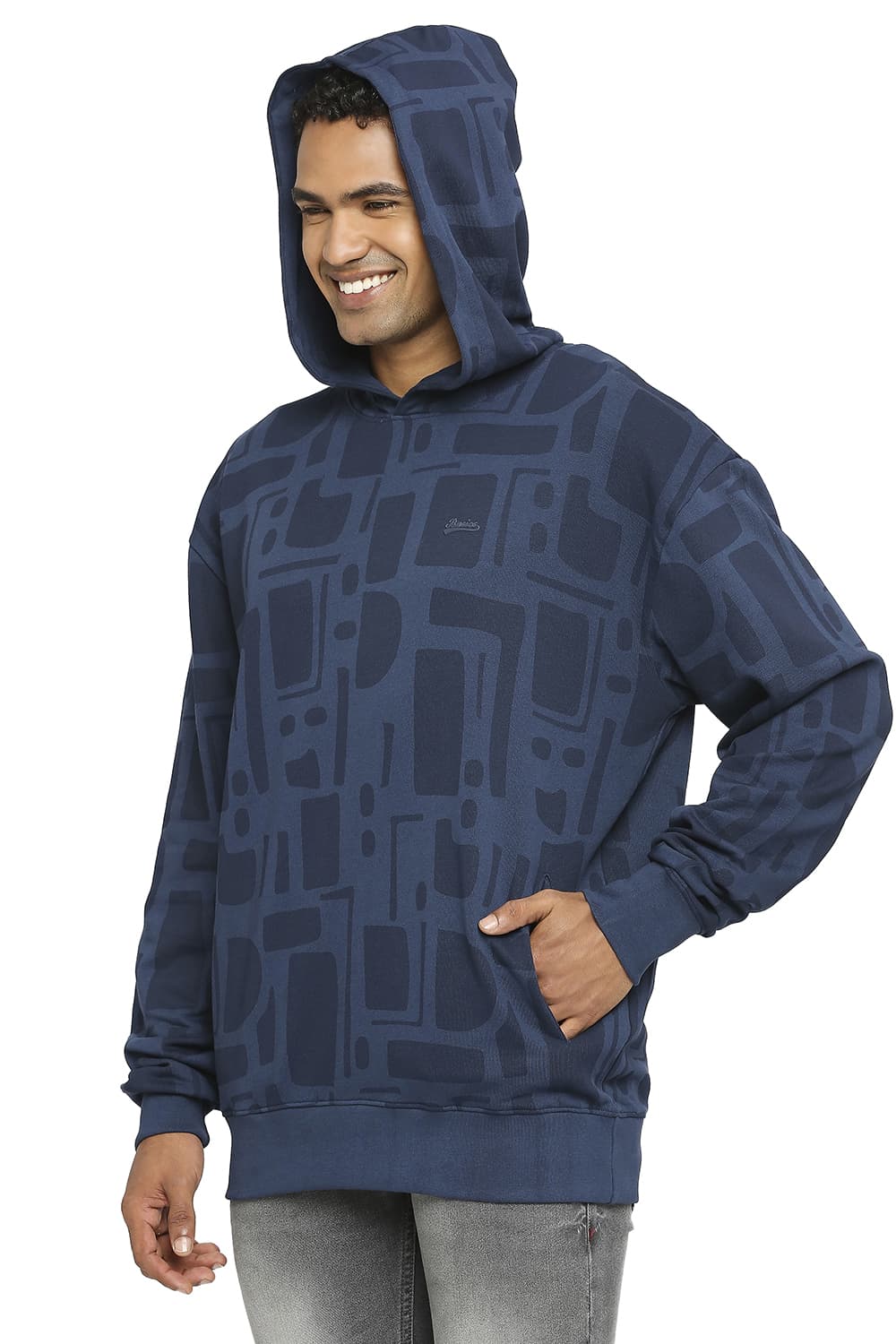 BASICS COMFORT FIT COTTON NON BRUSHED FLEECE PRINTED HOOD PULLOVER SWEATSHIRT