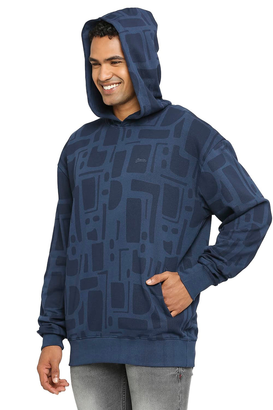 BASICS COMFORT FIT MOONLIT OCEAN COTTON NON BRUSHED FLEECE PRINTED HOOD PULLOVER SWEATSHIRT