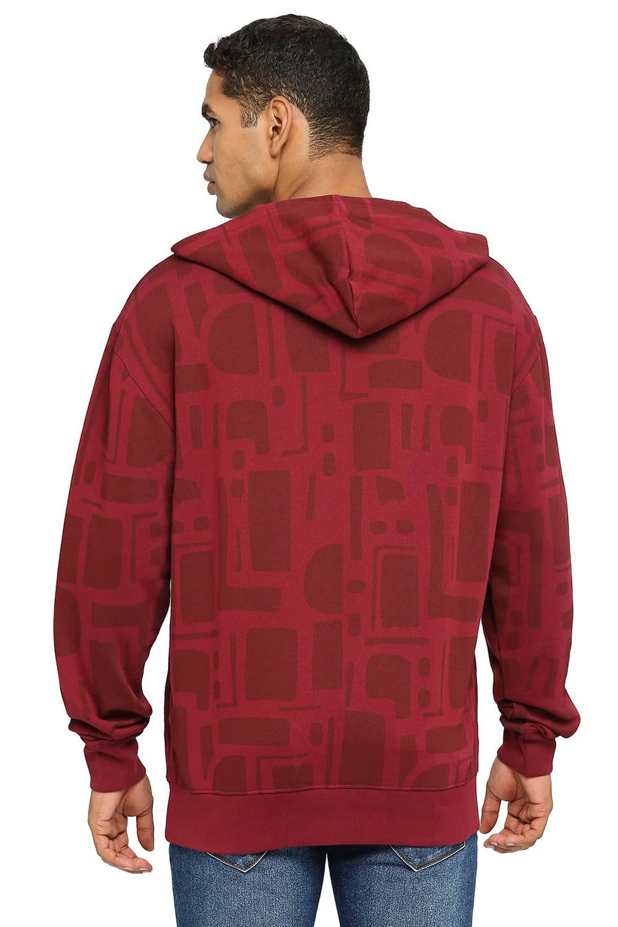 BASICS COMFORT FIT TAWNY PORT COTTON NON BRUSHED FLEECE PRINTED HOOD PULLOVER SWEATSHIRT