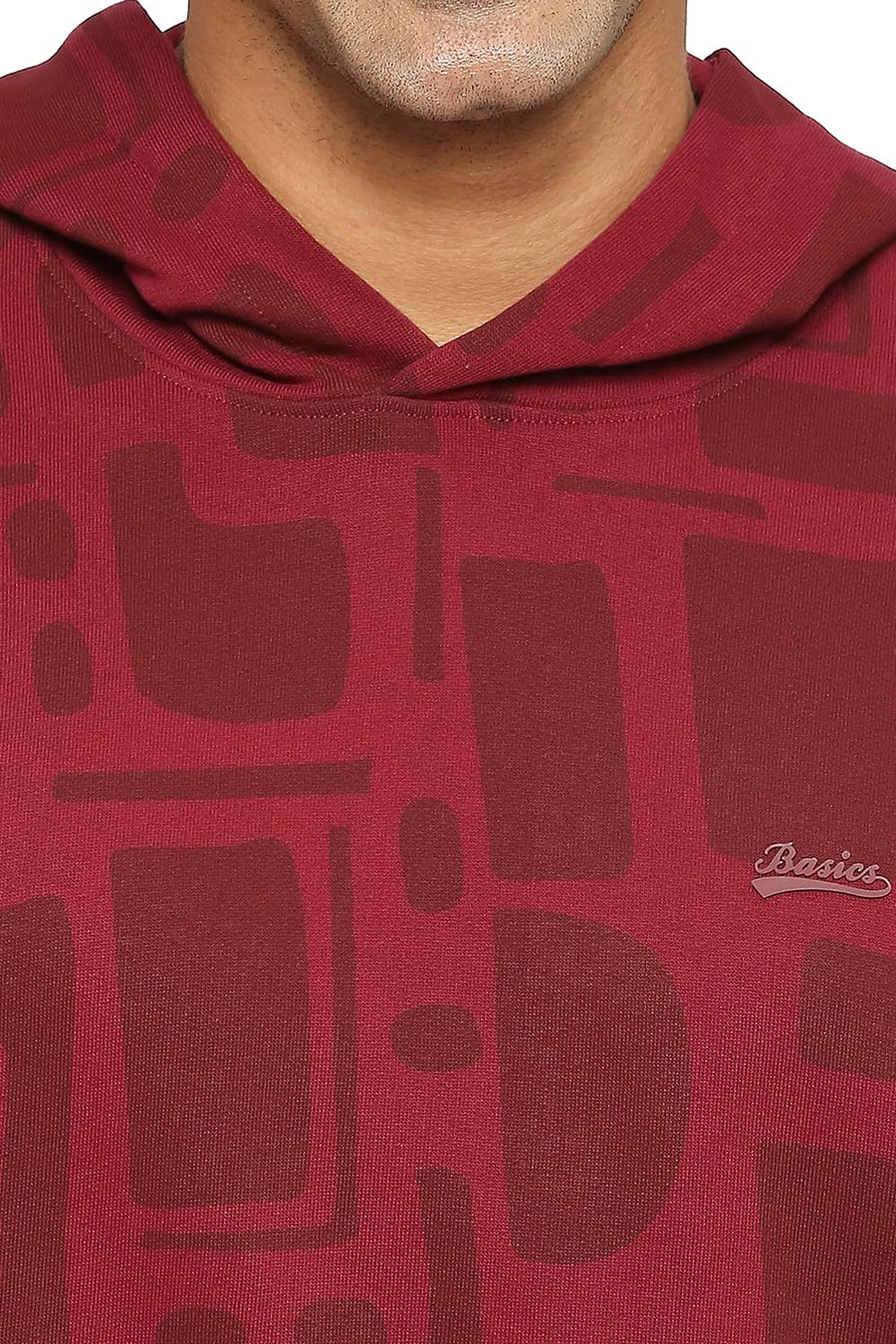 BASICS COMFORT FIT TAWNY PORT COTTON NON BRUSHED FLEECE PRINTED HOOD PULLOVER SWEATSHIRT