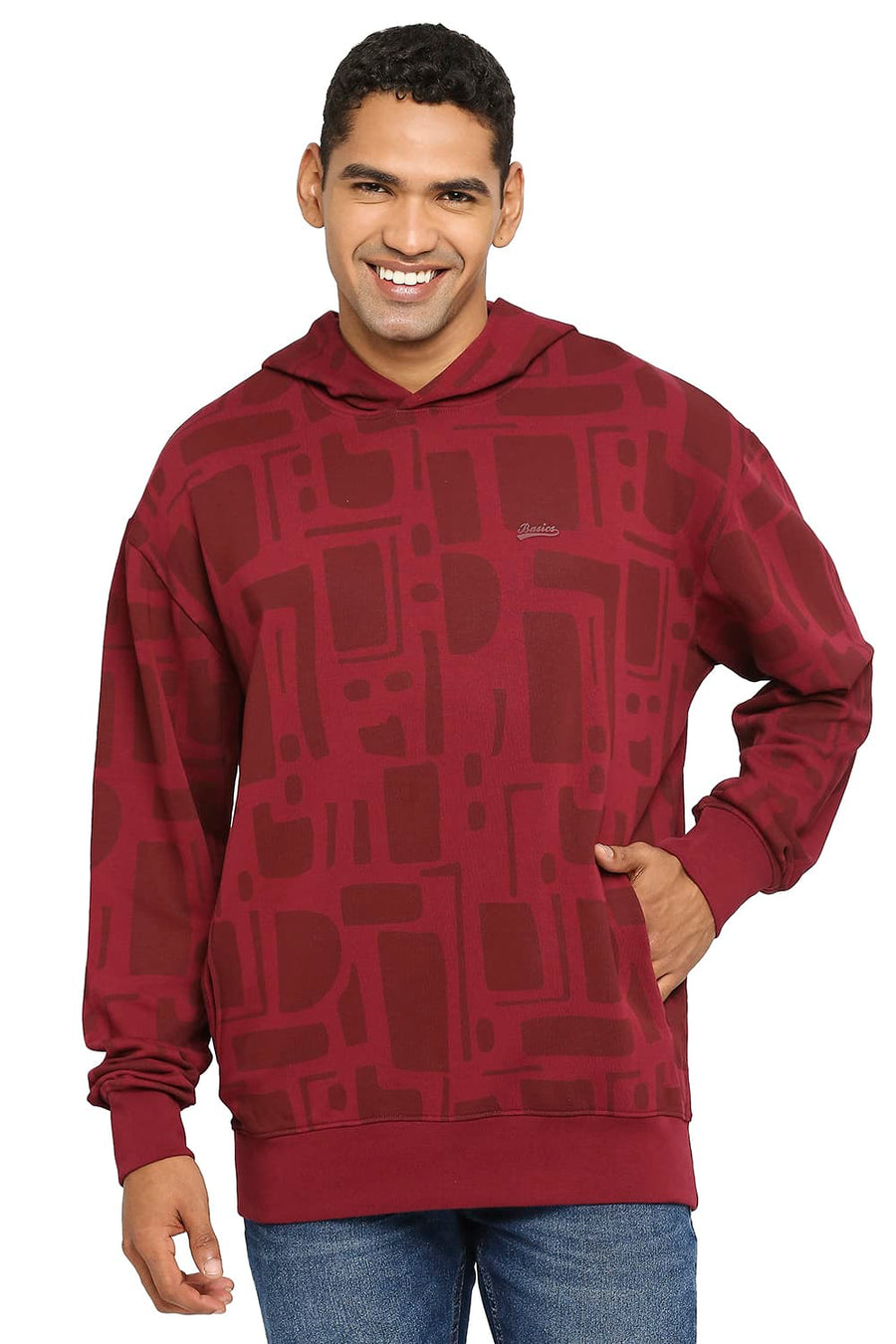 BASICS COMFORT FIT TAWNY PORT COTTON NON BRUSHED FLEECE PRINTED HOOD PULLOVER SWEATSHIRT
