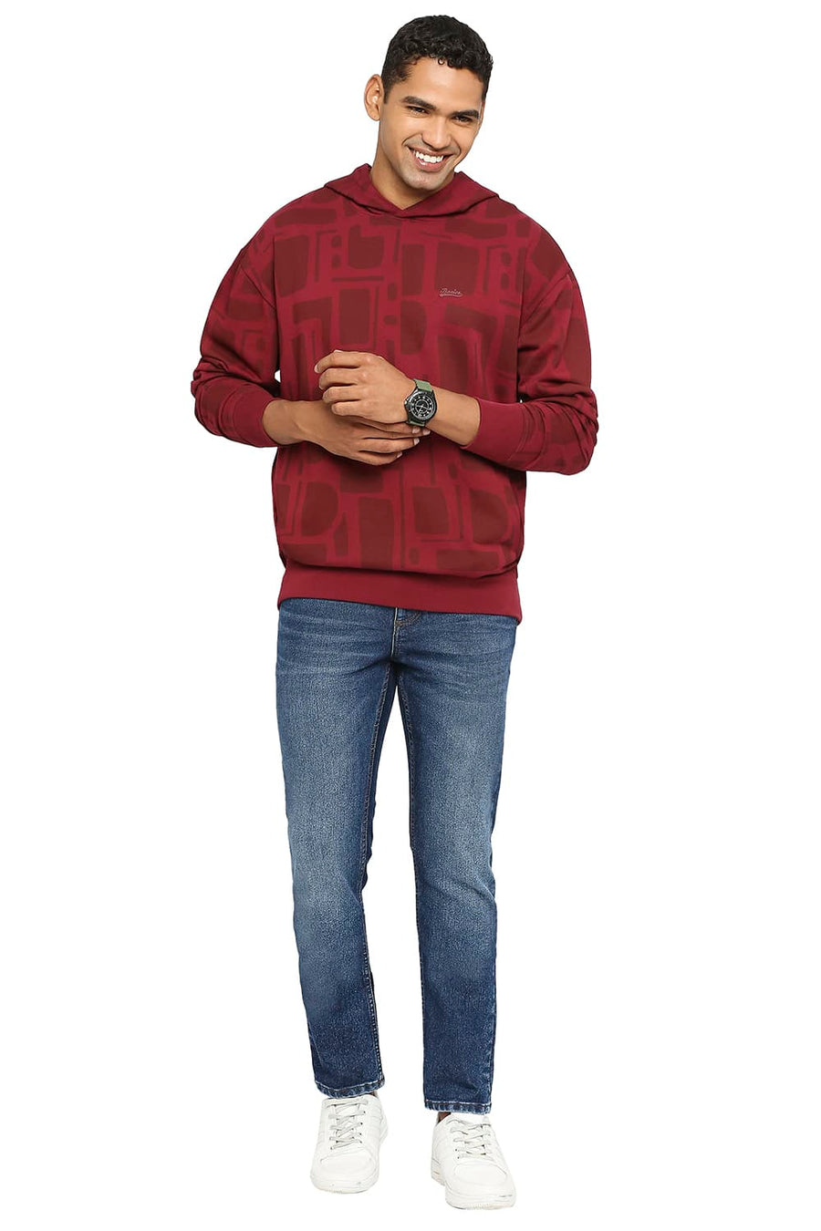 BASICS COMFORT FIT TAWNY PORT COTTON NON BRUSHED FLEECE PRINTED HOOD PULLOVER SWEATSHIRT