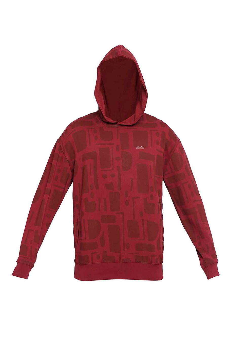 BASICS COMFORT FIT TAWNY PORT COTTON NON BRUSHED FLEECE PRINTED HOOD PULLOVER SWEATSHIRT