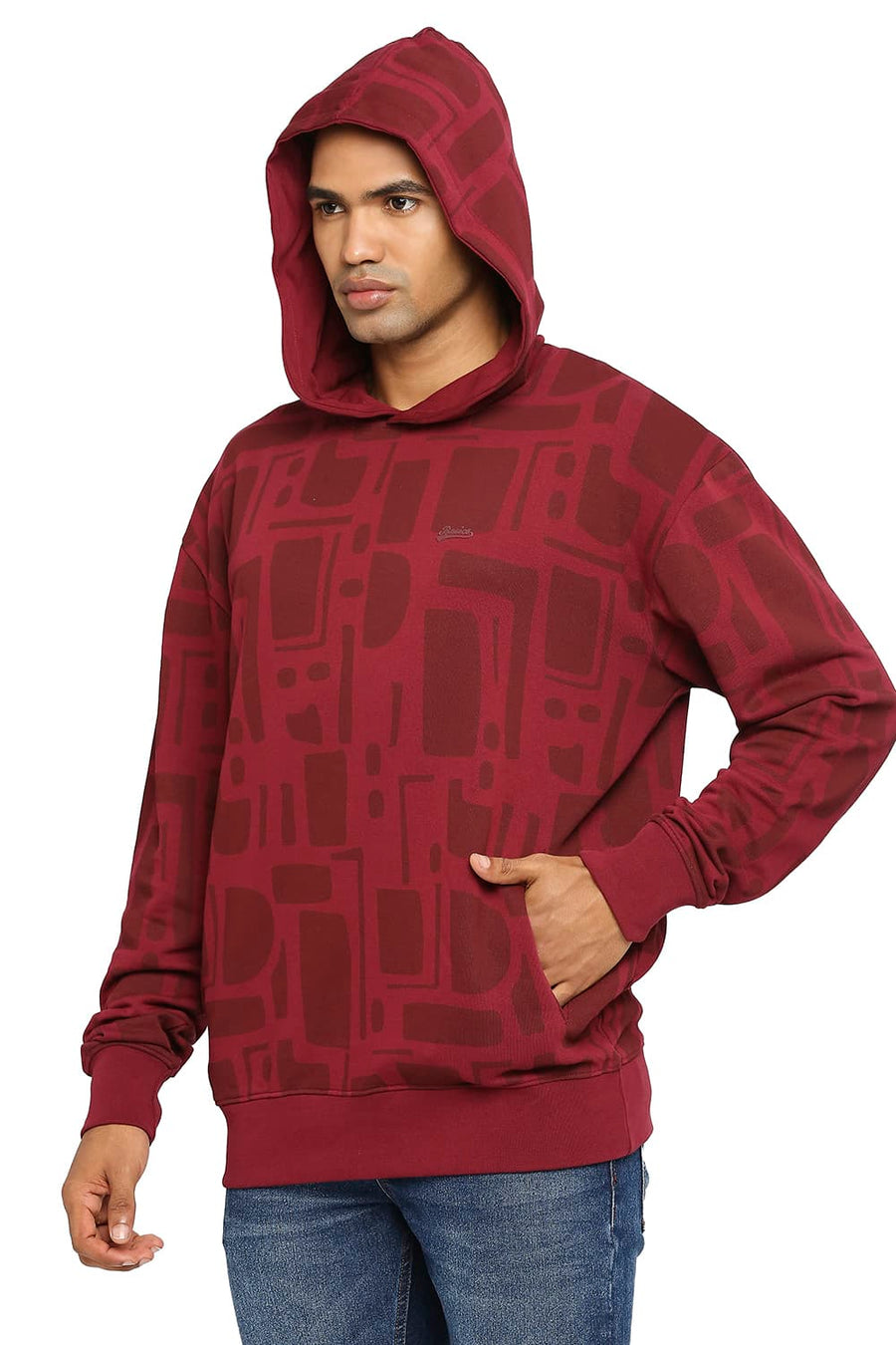 BASICS COMFORT FIT TAWNY PORT COTTON NON BRUSHED FLEECE PRINTED HOOD PULLOVER SWEATSHIRT