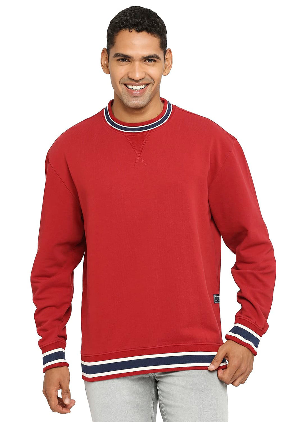 BASICS COMFORT FIT KARANDA RED COTTON NON BRUSHED FLEECE PULLOVER SWEATSHIRT