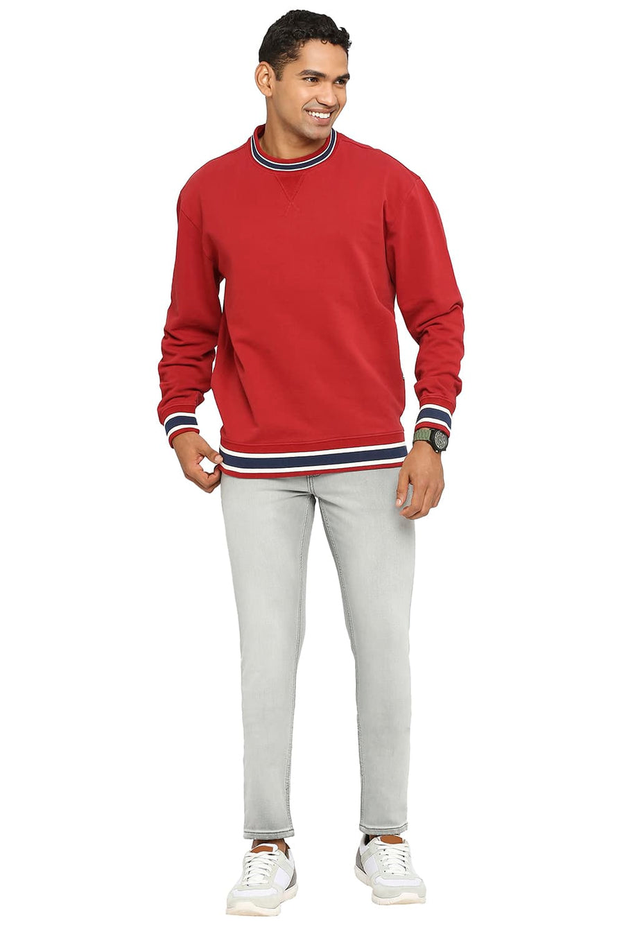 BASICS COMFORT FIT KARANDA RED COTTON NON BRUSHED FLEECE PULLOVER SWEATSHIRT