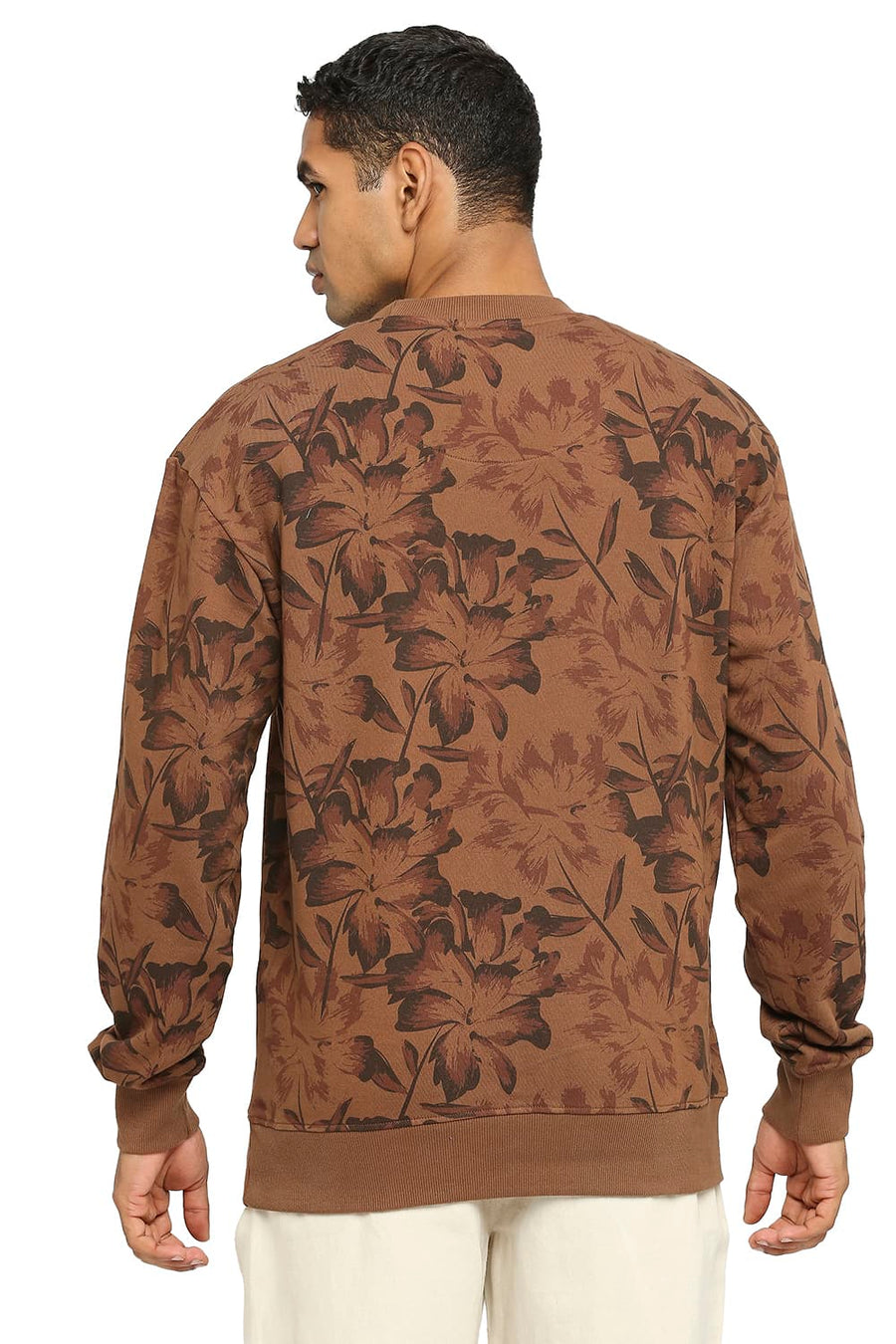BASICS COMFORT FIT PECAN PIE COTTON NON BRUSHED FLEECE PRINTED PULLOVER SWEATSHIRT