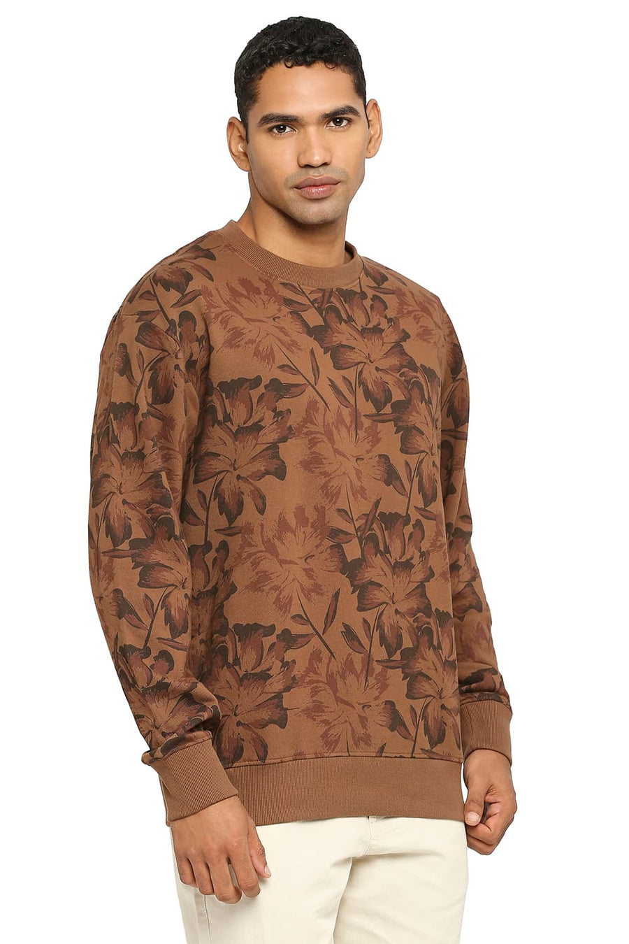 BASICS COMFORT FIT PECAN PIE COTTON NON BRUSHED FLEECE PRINTED PULLOVER SWEATSHIRT