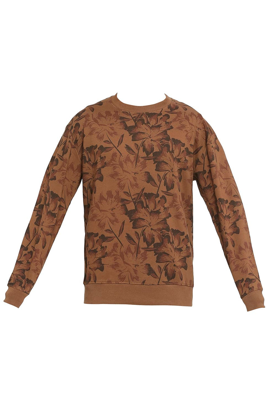 BASICS COMFORT FIT PECAN PIE COTTON NON BRUSHED FLEECE PRINTED PULLOVER SWEATSHIRT
