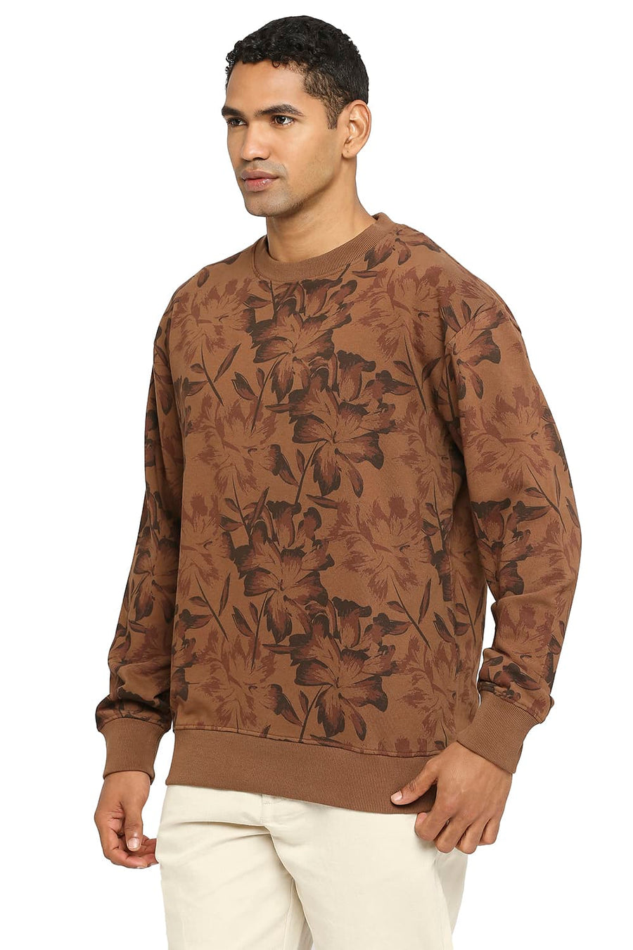 BASICS COMFORT FIT PECAN PIE COTTON NON BRUSHED FLEECE PRINTED PULLOVER SWEATSHIRT