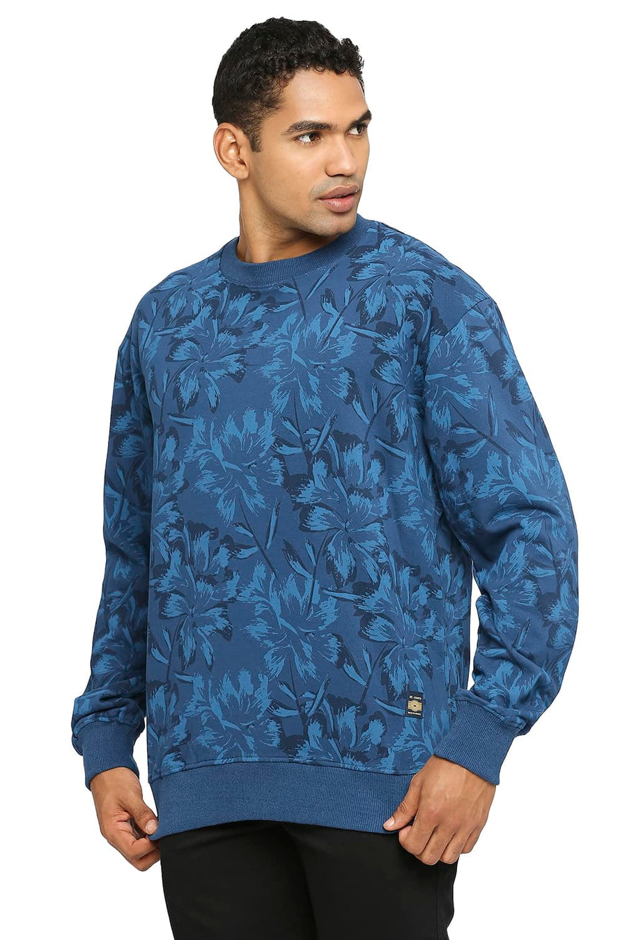 BASICS COMFORT FIT BLUE OPAL COTTON NON BRUSHED FLEECE PRINTED PULLOVER SWEATSHIRT