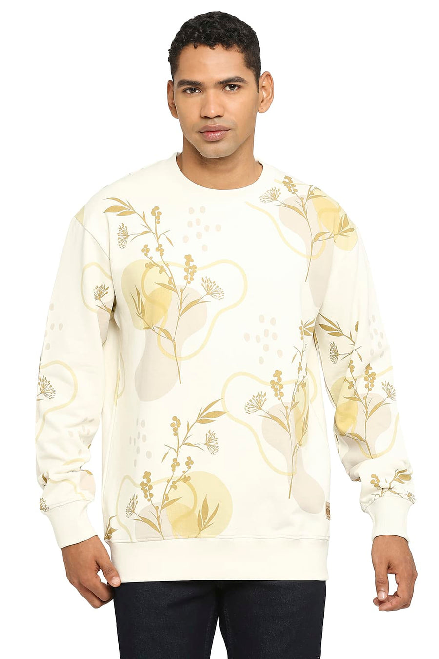 BASICS COMFORT FIT ARTIC WOLF COTTON NON BRUSHED FLEECE PRINTED PULLOVER SWEATSHIRT