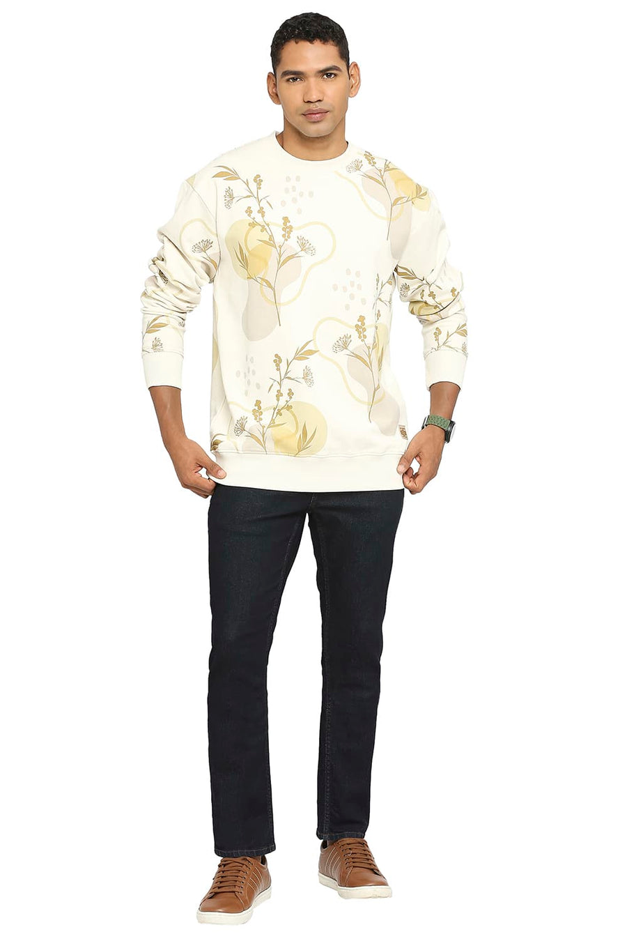 BASICS COMFORT FIT ARTIC WOLF COTTON NON BRUSHED FLEECE PRINTED PULLOVER SWEATSHIRT