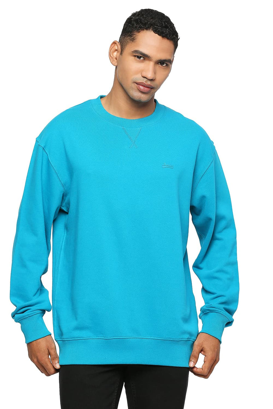 BASICS COMFORT FIT ENAMEL BLUE COTTON NON BRUSHED FLEECE PULLOVER SWEATSHIRT