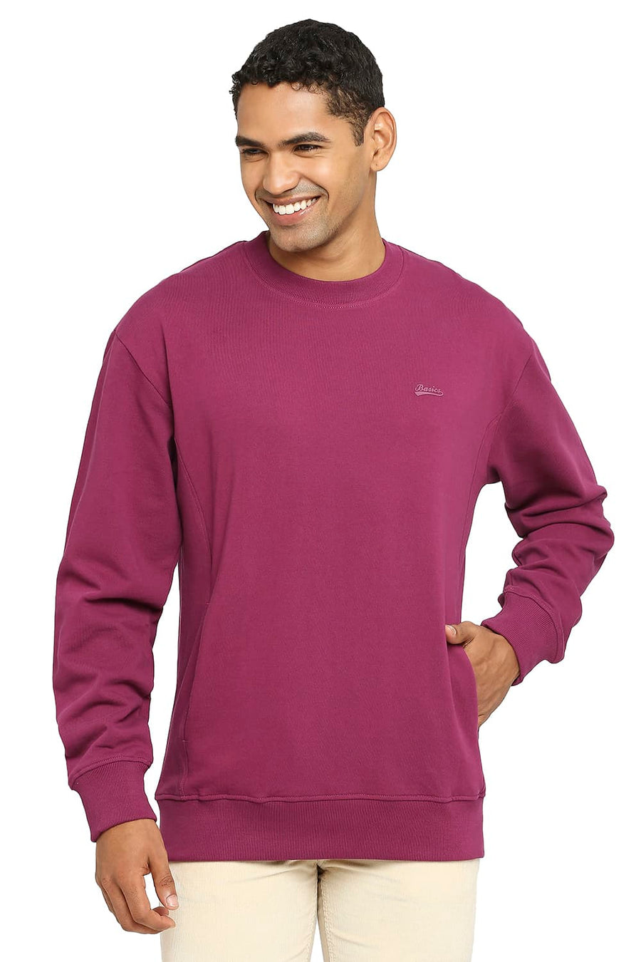 BASICS COMFORT FIT DARK PURPLE COTTON NON BRUSHED FLEECE PULLOVER SWEATSHIRT