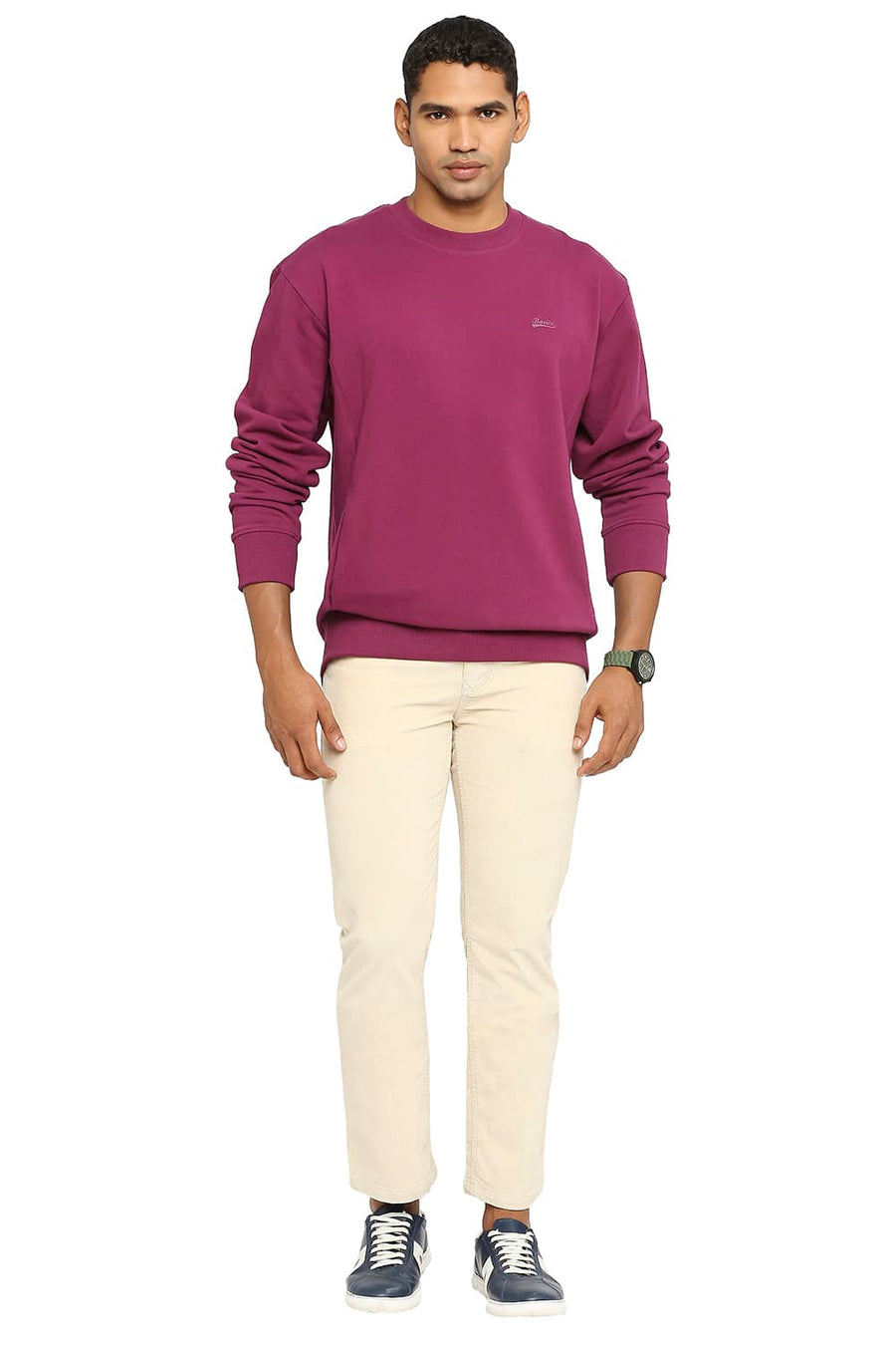 BASICS COMFORT FIT DARK PURPLE COTTON NON BRUSHED FLEECE PULLOVER SWEATSHIRT