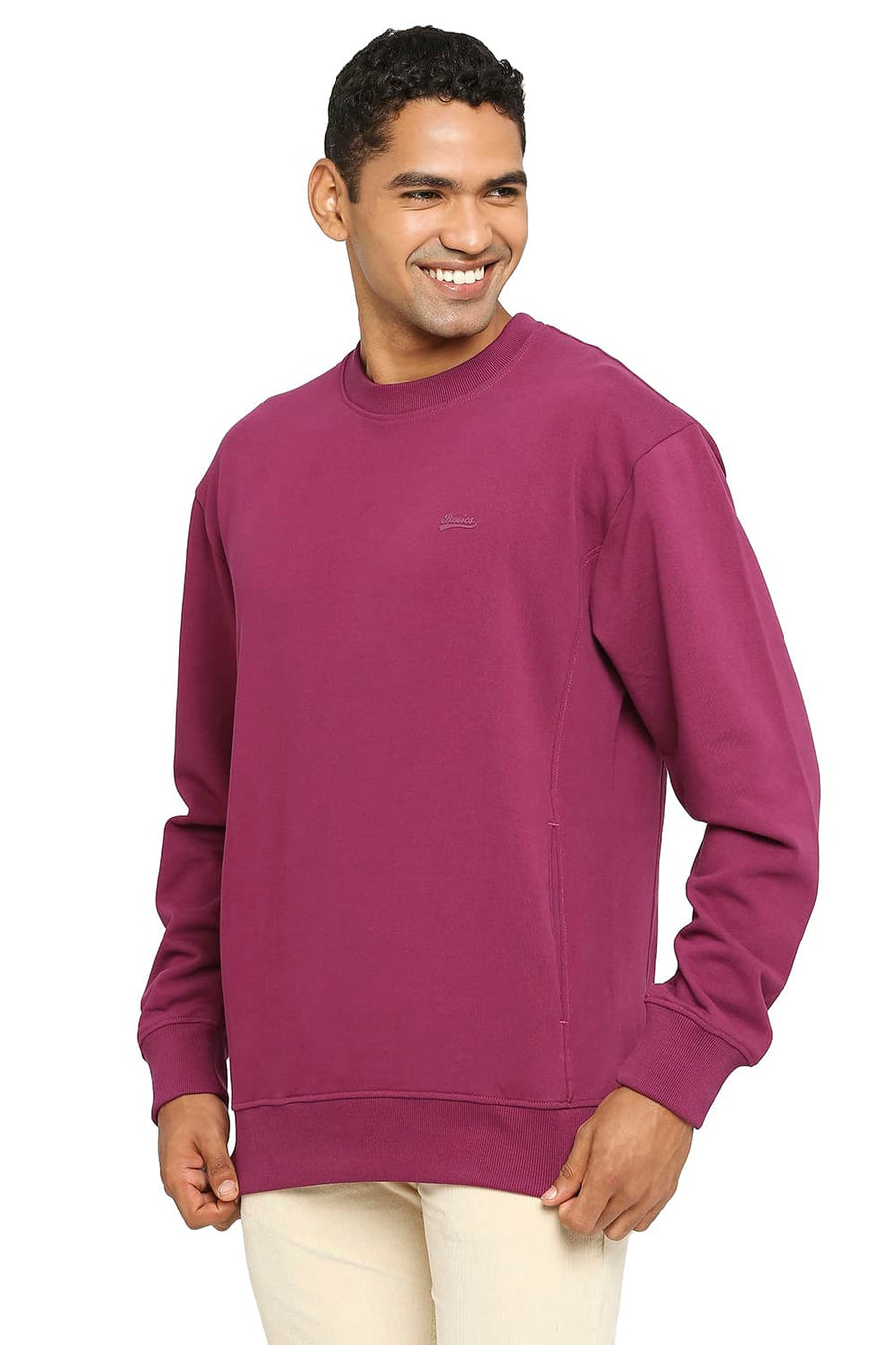 BASICS COMFORT FIT DARK PURPLE COTTON NON BRUSHED FLEECE PULLOVER SWEATSHIRT