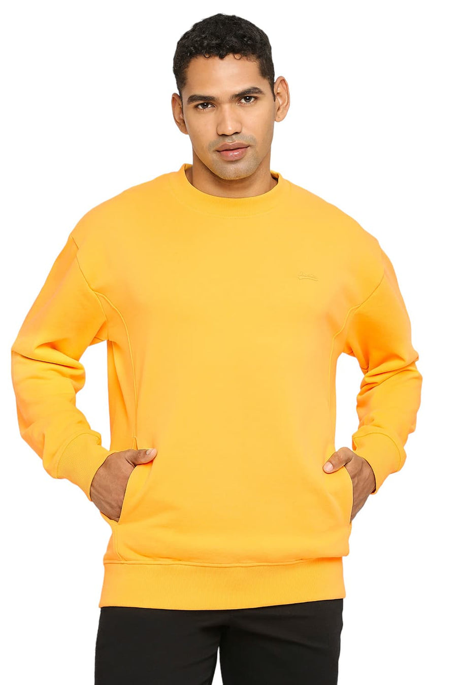 BASICS COMFORT FIT PALE MARIGOLD COTTON NON BRUSHED FLEECE PULLOVER SWEATSHIRT