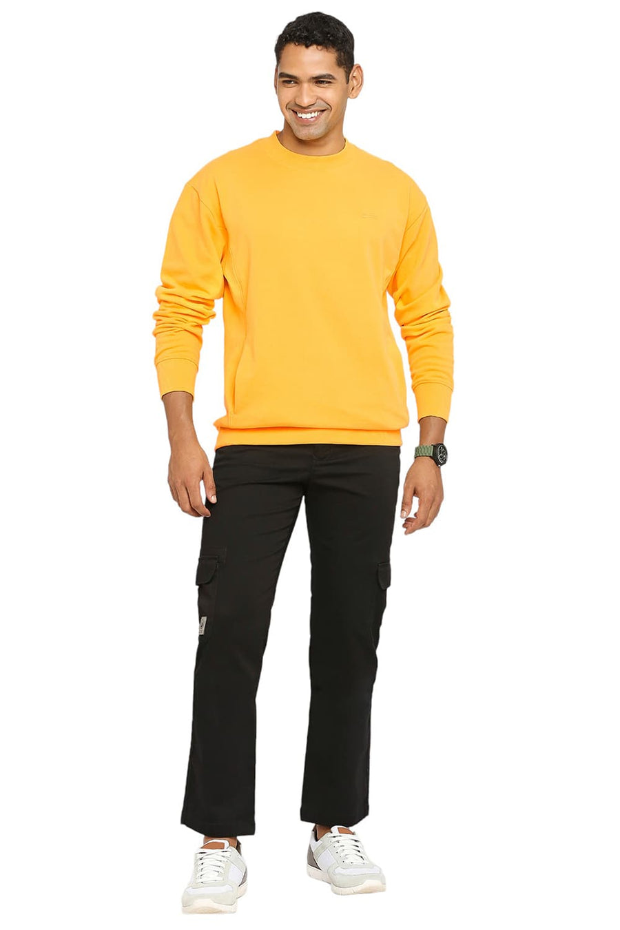 BASICS COMFORT FIT PALE MARIGOLD COTTON NON BRUSHED FLEECE PULLOVER SWEATSHIRT