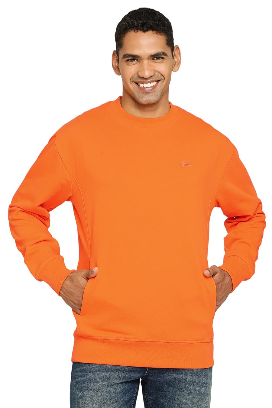 BASICS COMFORT FIT VIBRANT ORANGE COTTON NON BRUSHED FLEECE PULLOVER SWEATSHIRT