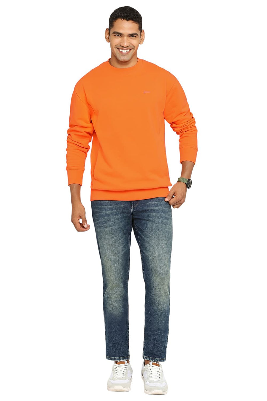 BASICS COMFORT FIT VIBRANT ORANGE COTTON NON BRUSHED FLEECE PULLOVER SWEATSHIRT