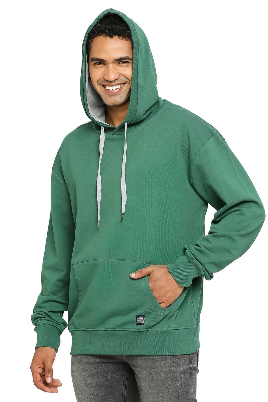 BASICS COMFORT FIT POSY GREEN COTTON NON BRUSHED FLEECE HOOD PULLOVER SWEATSHIRT