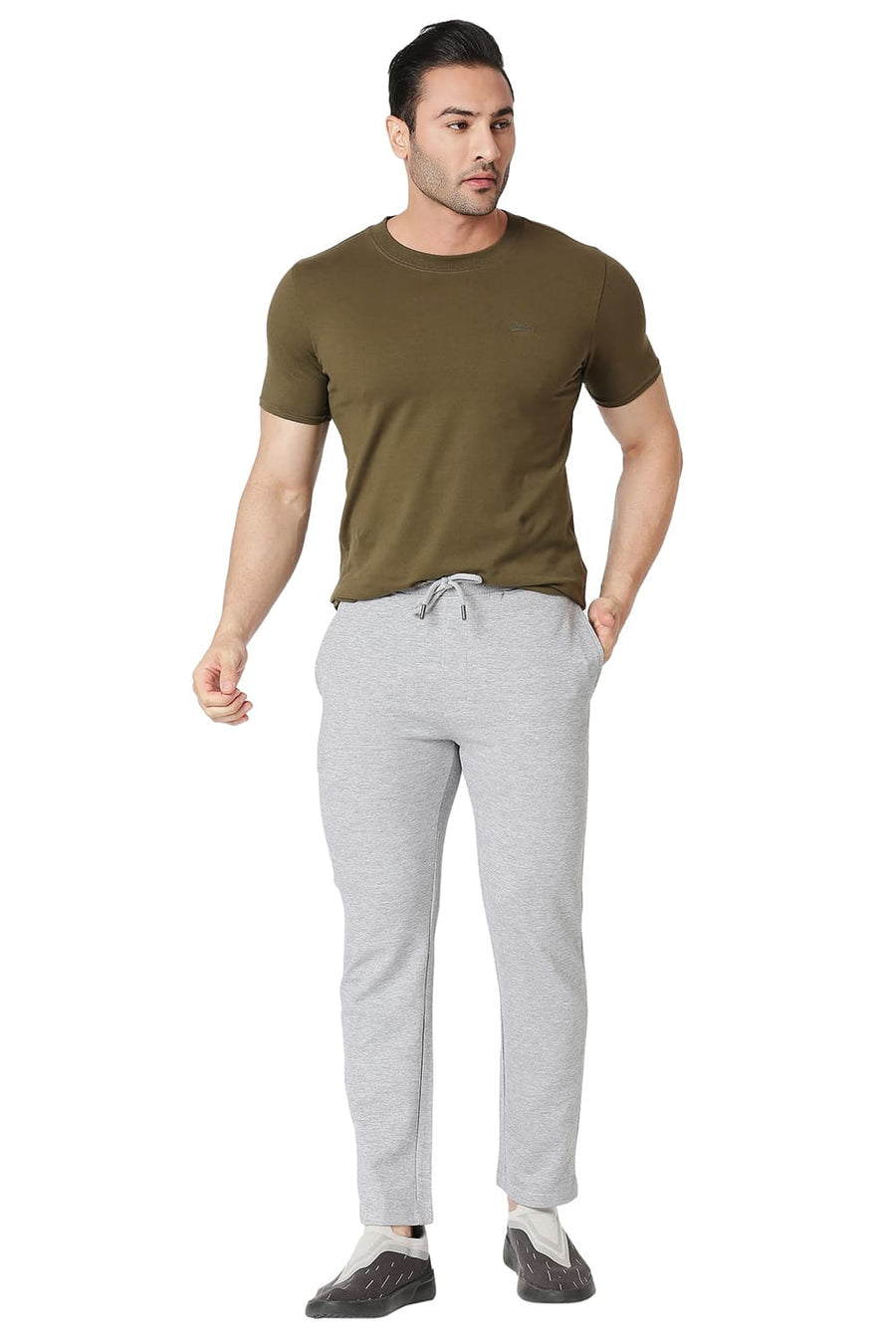 BASICS SLIM FIT GREY MELANGE COTTON POLYESTER TRACK PANT